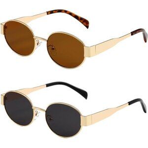 2 Pack Trendy Oval Sunglasses  Retro Designer Gold Sun Glasses Metal Frame 90s